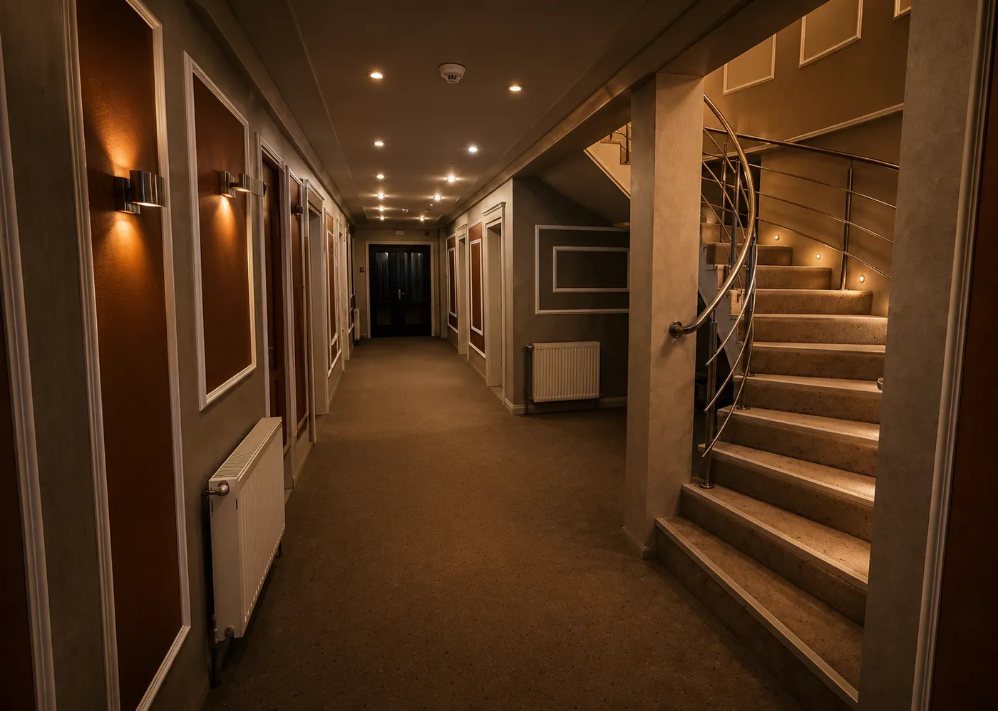 Warmly lit guest corridor with panelled walls and a curved staircase inside Pensiunea Elis